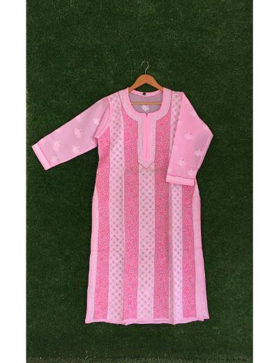 Chhangamal Hand Embroidered Baby Pink Colour Cotton Chikankari Kurti Piece