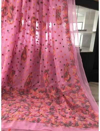 Chhangamal Hand Embroidered Baby Pink Colour Georgette Chikankari Saree