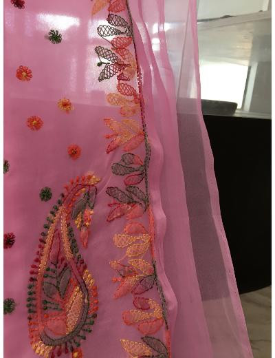 Chhangamal Hand Embroidered Baby Pink Colour Georgette Chikankari Saree