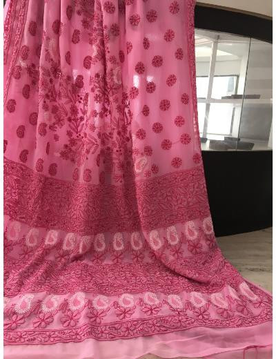 Chhangamal Hand Embroidered Baby Pink Colour Georgette Chikankari Saree