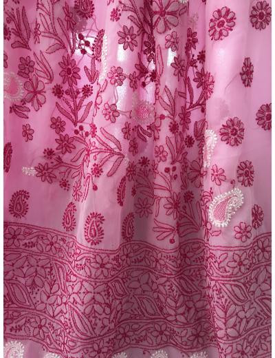 Chhangamal Hand Embroidered Baby Pink Colour Georgette Chikankari Saree