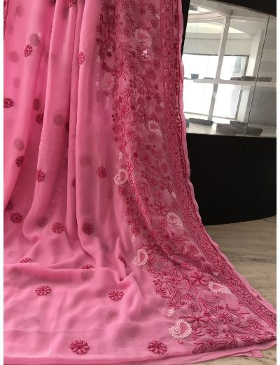 Chhangamal Hand Embroidered Baby Pink Colour Georgette Chikankari Saree