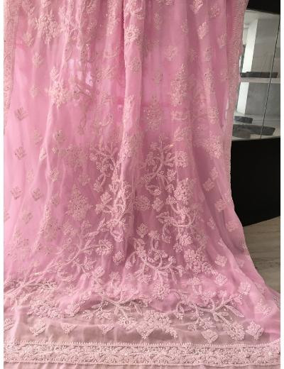 Chhangamal Hand Embroidered Baby Pink Colour Georgette Chikankari Saree