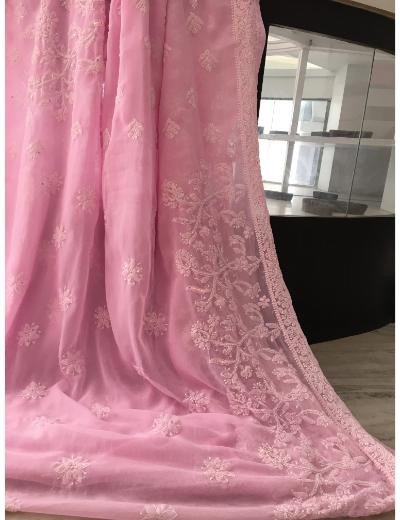 Chhangamal Hand Embroidered Baby Pink Colour Georgette Chikankari Saree