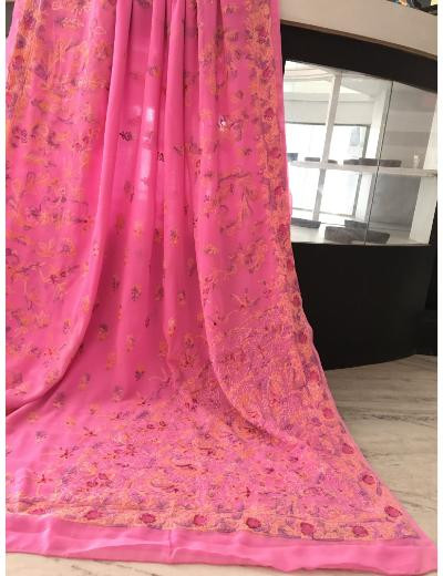 Chhangamal Hand Embroidered Baby Pink Colour Georgette Chikankari Saree