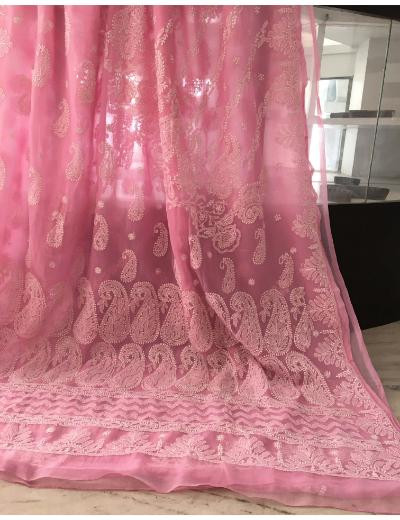 Chhangamal Hand Embroidered Baby Pink Colour Georgette Chikankari Saree