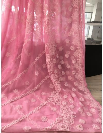 Chhangamal Hand Embroidered Baby Pink Colour Georgette Chikankari Saree