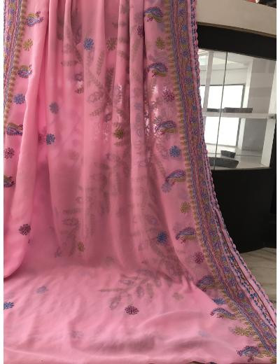 Chhangamal Hand Embroidered Baby Pink Colour Georgette Chikankari Saree