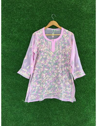 Chhangamal Hand Embroidered Baby Pink Colour Georgette Chikankari Top