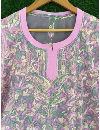Chhangamal Hand Embroidered Baby Pink Colour Georgette Chikankari Top
