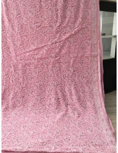 Chhangamal Hand Embroidered Baby Pink Colour Pure Georgette  Chikankari Saree Piece