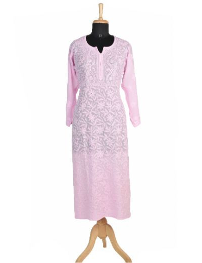 Chhangamal Hand Embroidered Baby Pink Colour Viscous Georgette Chikankari Kurti