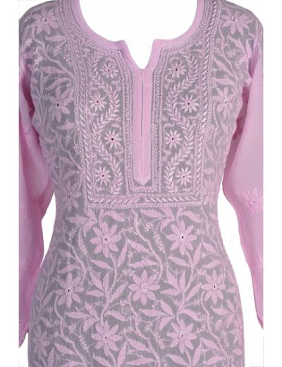 Chhangamal Hand Embroidered Baby Pink Colour Viscous Georgette Chikankari Kurti