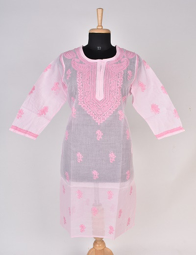 Chhangamal Hand Embroidered Baby Pink Cotton Chikankari Kurti