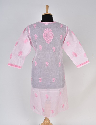 Chhangamal Hand Embroidered Baby Pink Cotton Chikankari Kurti