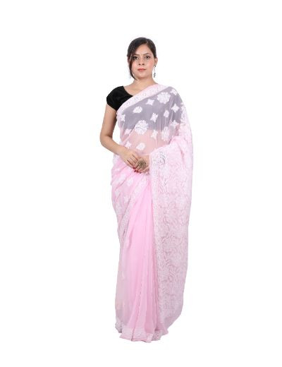 Chhangamal Hand Embroidered Baby Pink Faux Georgette Half Jaal Chikankari Saree