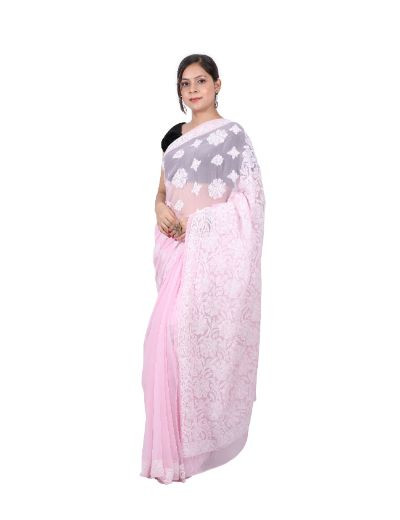 Chhangamal Hand Embroidered Baby Pink Faux Georgette Half Jaal Chikankari Saree