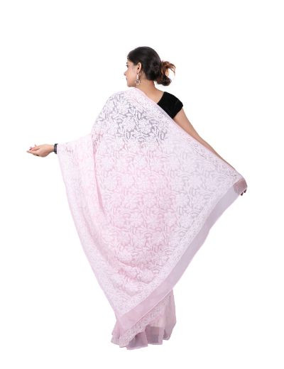 Chhangamal Hand Embroidered Baby Pink Faux Georgette Half Jaal Chikankari Saree