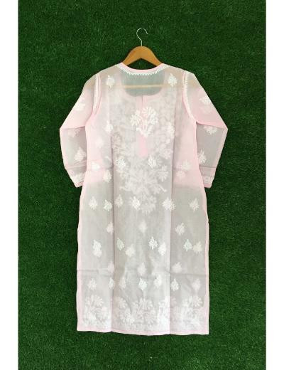 Chhangamal Hand Embroidered Baby Pink Grey Colour Cotton Chikankari Kurti