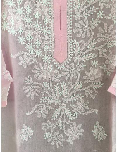 Chhangamal Hand Embroidered Baby Pink Grey Colour Cotton Chikankari Kurti