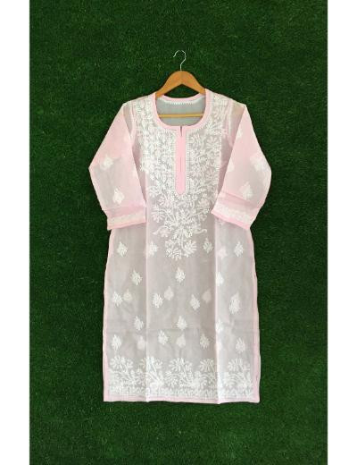 Chhangamal Hand Embroidered Baby Pink Grey Colour Cotton Chikankari Kurti