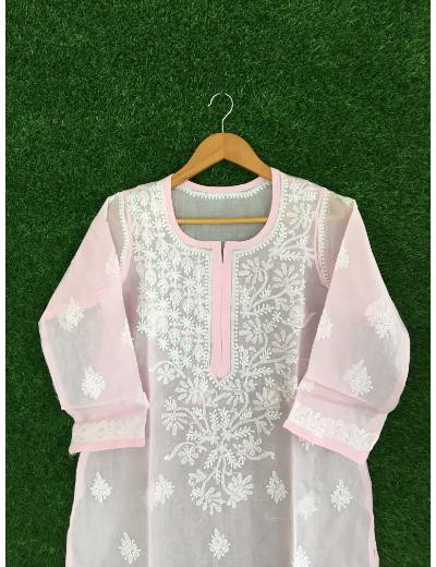 Chhangamal Hand Embroidered Baby Pink Grey Colour Cotton Chikankari Kurti