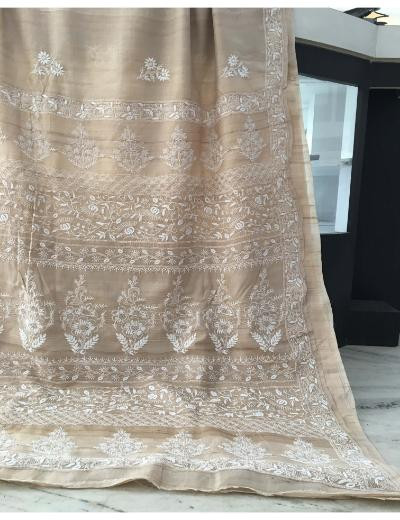 Chhangamal Hand Embroidered Beige  Colour Tussar Silk Chikankari Saree