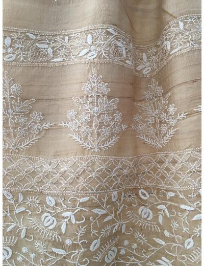 Chhangamal Hand Embroidered Beige  Colour Tussar Silk Chikankari Saree