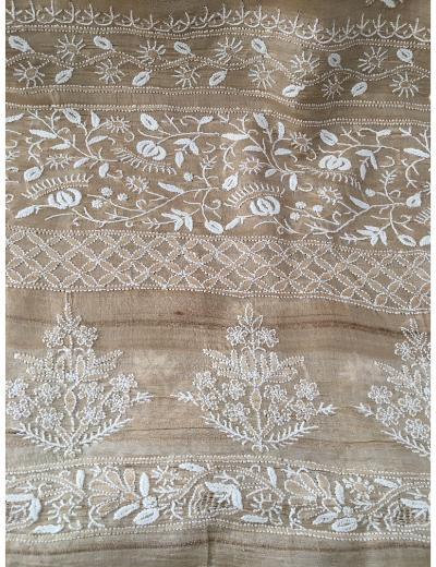 Chhangamal Hand Embroidered Beige  Colour Tussar Silk Chikankari Saree