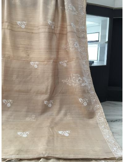 Chhangamal Hand Embroidered Beige  Colour Tussar Silk Chikankari Saree