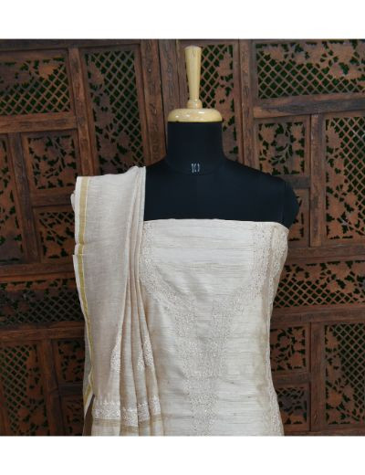 Chhangamal Hand Embroidered Beige Colour  Unstitched Khadi Silk Chikankari Suit Length