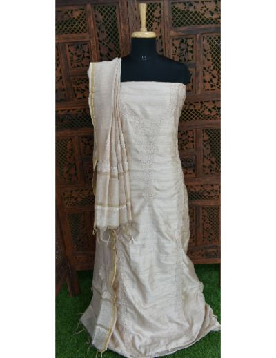 Chhangamal Hand Embroidered Beige Colour  Unstitched Khadi Silk Chikankari Suit Length