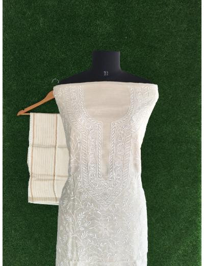 Chhangamal Hand Embroidered Beige Colour Chanderi Silk Chikankari Kurta Dupatta Piece