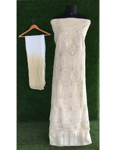 Chhangamal Hand Embroidered Beige Colour Cotton Chikankari Suit Piece