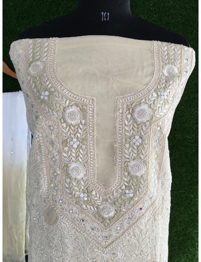 Chhangamal Hand Embroidered Beige Colour Cotton Chikankari Suit Piece