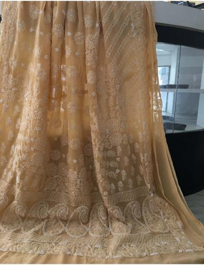 Chhangamal Hand Embroidered Beige Colour Georgette Chikankari Saree