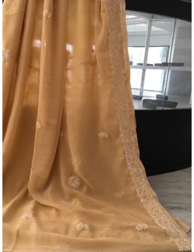 Chhangamal Hand Embroidered Beige Colour Georgette Chikankari Saree