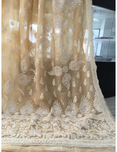 Chhangamal Hand Embroidered Beige Colour Georgette Chikankari Saree
