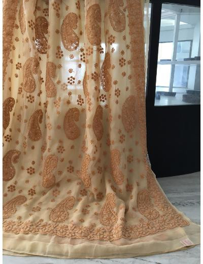 Chhangamal Hand Embroidered Beige Colour Georgette Chikankari Saree