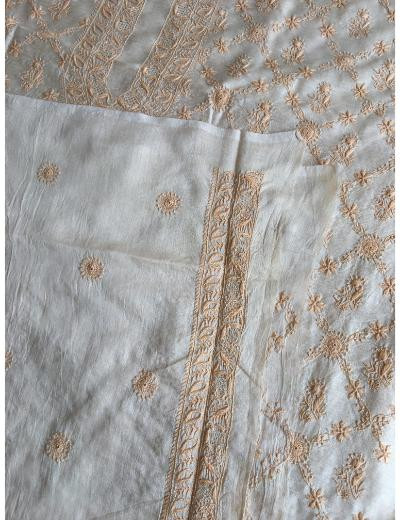 Chhangamal Hand Embroidered Beige Colour Moonga Silk  Chikankari Unstitched Men’s kurta Piece