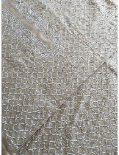 Chhangamal Hand Embroidered Beige Colour Moonga Silk  Chikankari Unstitched Men’s 	kurta Piece