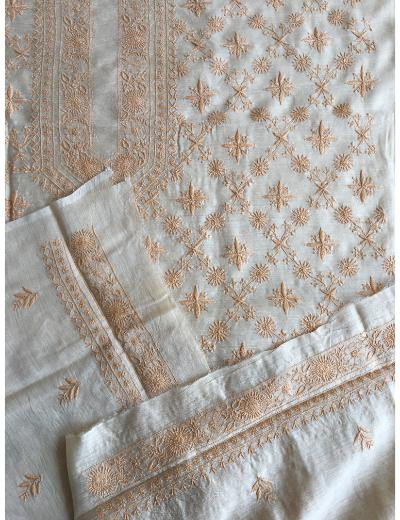 Chhangamal Hand Embroidered Beige Colour Moonga Silk  Chikankari Unstitched Men’s 	kurta Piece