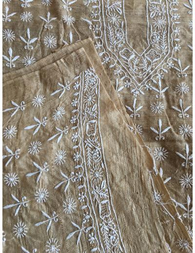 Chhangamal Hand Embroidered Beige Colour Moonga Silk  Chikankari Unstitched Men’s 	kurta Piece
