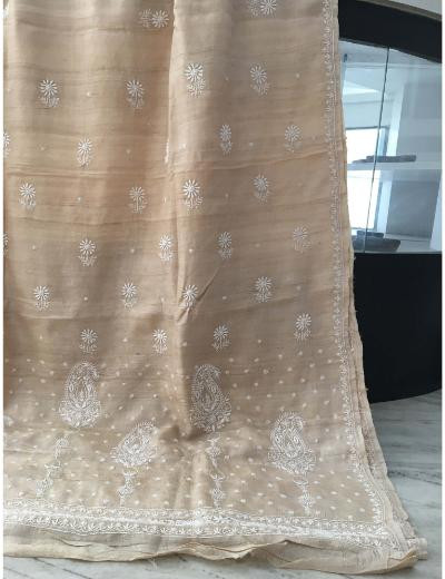 Chhangamal Hand Embroidered Beige Colour Tusser Silk Chikankari Saree