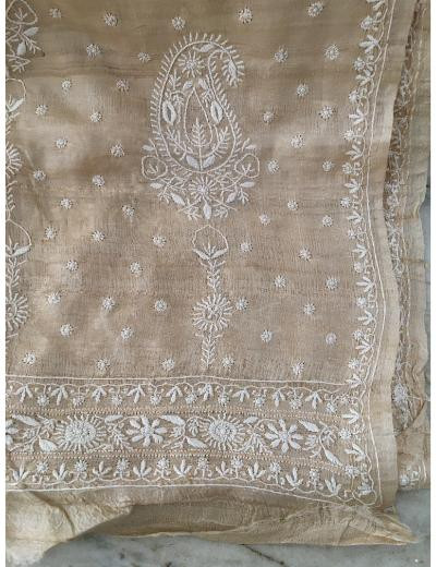 Chhangamal Hand Embroidered Beige Colour Tusser Silk Chikankari Saree