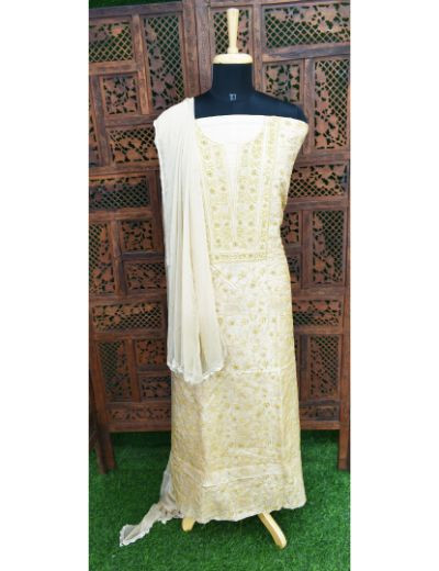 Chhangamal Hand Embroidered Beige Colour Unstitched Silk Chikankari Suit Length