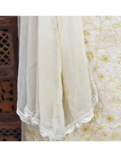 Chhangamal Hand Embroidered Beige Colour Unstitched Silk Chikankari Suit Length