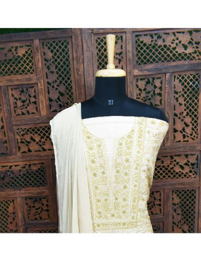 Chhangamal Hand Embroidered Beige Colour Unstitched Silk Chikankari Suit Length