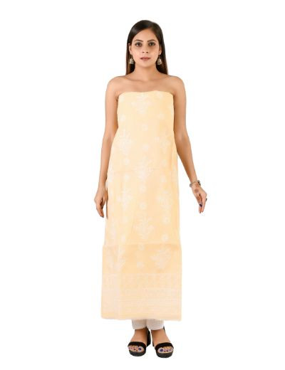 Chhangamal Hand Embroidered Beige Cotton Blend Chikankari Suitlength