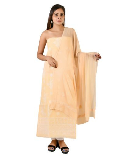 Chhangamal Hand Embroidered Beige Cotton Blend Chikankari Suitlength